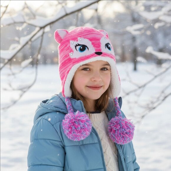SO ✦ Pink Fox Critter Hat ✦ Kids Fleece-Lined Pom Ears Striped Winter Beanie S - Picture 1 of 10